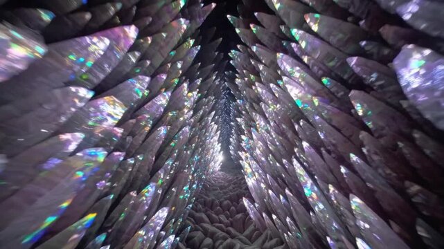 Iridescent crystal tunnel shimmering with prismatic light cascading along opallike facets, slow camera glide through symmetrical corridor, pastel purples and teal highlights, glittering reflections
