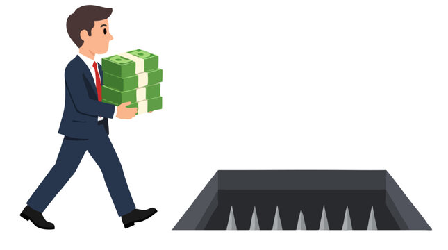 Businessman carrying stacks of cash walking blindly toward open pitfall trap with spikes, concept of financial risk, bad investment and money loss danger on white background, vector illustration