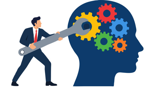 Businessman with giant wrench turning colorful gears inside human head silhouette symbolizing mindset shift, problem solving, mental engineering and business innovation strategy concept