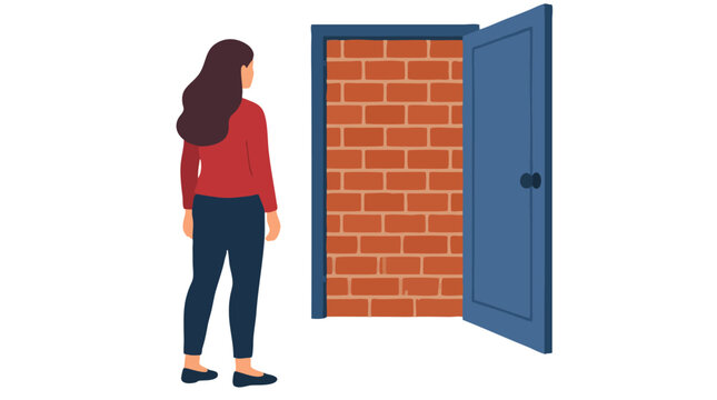 Woman standing before open blue door blocked by solid red brick wall symbolizing obstacle deadlock barrier challenge failure setback, bold flat vector illustration isolated on white background