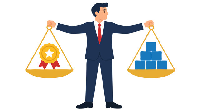 Businessman in suit balancing golden scales with quality award medal versus quantity blocks in flat vector illustration for business strategy choice concept on white background for corporate success