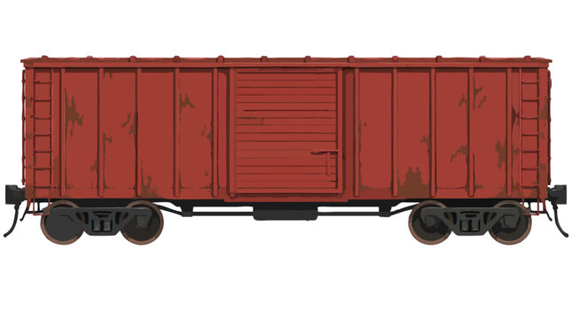 Weathered red freight train boxcar with sliding metal door, rusted panels, side ladders and steel couplers, flat color vector illustration on clean white background, cargo wagon profile view