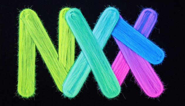 Vivid, glowing glyphs crafted from elongated forms, set against a dark background