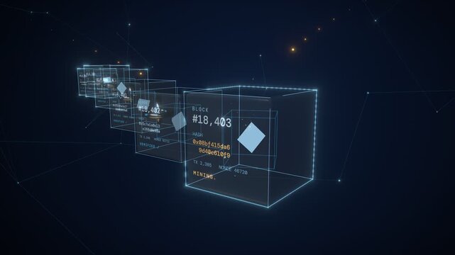 Digital blockchain network with transparent cubes representing blocks and glowing connections in a dark futuristic cyberspace