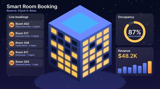 Smart hotel room booking dashboard interface displaying live reservations, occupancy percentage and revenue growth, motion graphics