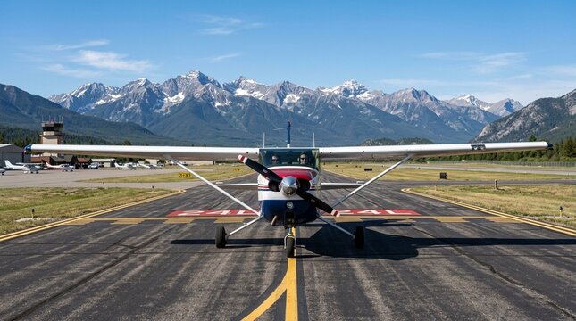 Drone view of airport runway with mountain backdrop