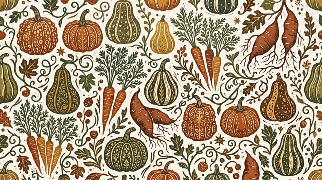 Rustic botanical thanksgiving pattern with harvest fruits and vegetables thanksgiving festival