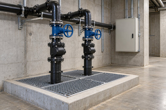 Drainage pump discharge pipes above a basement sump
