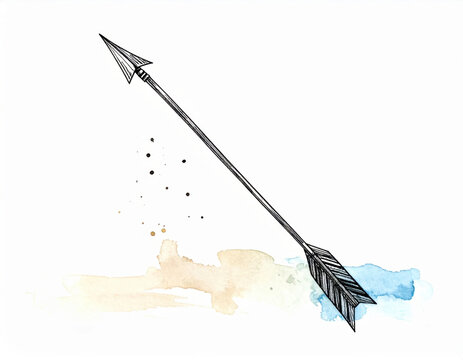 Watercolor arrow illustration on white background with blue and beige paint splashes, evoking motion and handmade artistic style
