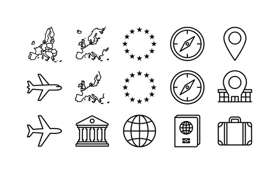 European Union Travel, line icon set featuring EU map silhouette, Europe continent, star circle symbol, compass, map pin, airplane, government building, globe, passport, suitcase, covering European