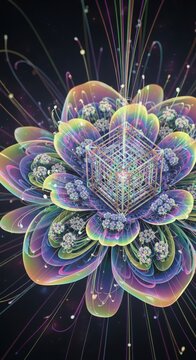 Glowing colorful flower with central crystal cube floating in dark space colorful abstract