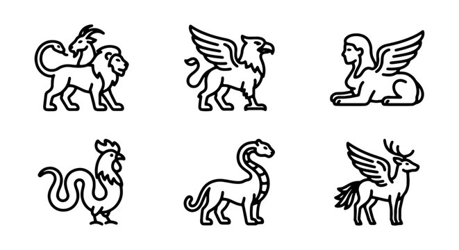 Fantasy creature icons represent a chimera, griffin, sphinx, cockatrice, basilisk, and winged deer.