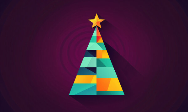 stylized geometric flat christmas tree made of colorful teal orange blue and yellow overlapping triangles topped with a yellow star and a long shadow on dark purple