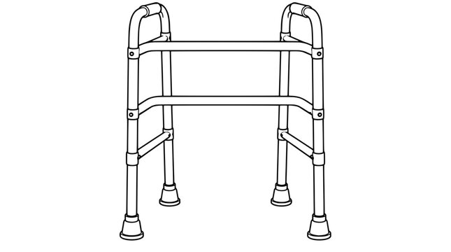 Black outline vector icon of a heavy duty four-legged walking frame with U-shaped handles horizontal braces side supports and rubber glide tips drawn with medium bold contours in front perspective