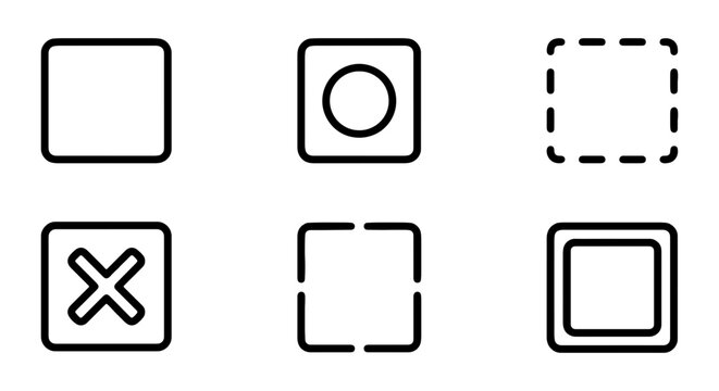 Six diverse outline checkbox and selection interface icons showcasing various states and graphical representations on a.