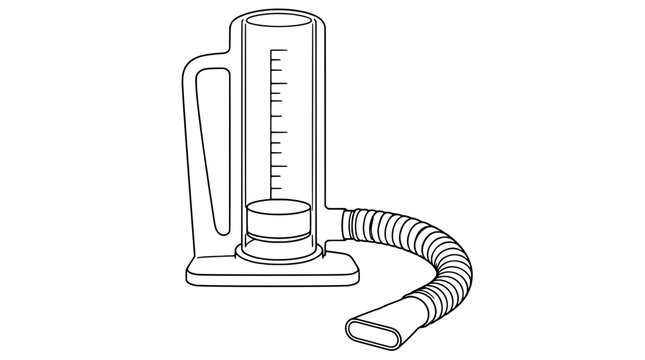Line art illustration of an incentive spirometer with tall graduated chamber, side handle, flat base and corrugated tube with flat mouthpiece, drawn with thin black lines in lateral stance for therapy