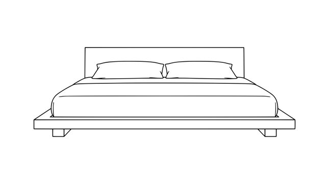 Black outline vector icon of a low profile platform bed in front view with rectangular headboard, two pillows, folded duvet and base on block legs drawn with thin lines in centered arrangement