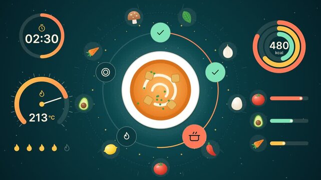 Futuristic smart kitchen interface animation showing calorie tracking and cooking parameters for various meals on a dark background