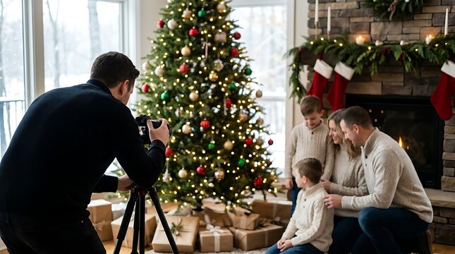 Professional photographer taking family portrait photos in front of a decorated christmas tree at home