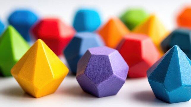 Numerous brightly colored geometric shapes arranged in a focused composition, representing playful learning and educational development