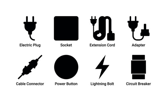 Electrical Plug Connection, solid glyph icon set featuring electric plug, socket, extension cord, adapter, cable connector, power button, lightning bolt, circuit breaker, covering electrical plug,