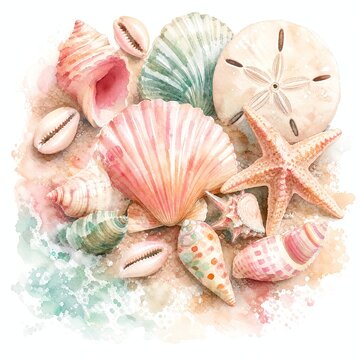 Pastel Watercolor Scattered Cowrie And Cone Seashells