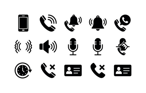 Smartphone Ringing Calls, solid glyph icon set featuring smartphone, handset, vibration waves, ringing bell, speaker, microphone, call history clock, missed call symbol and contact card without face,