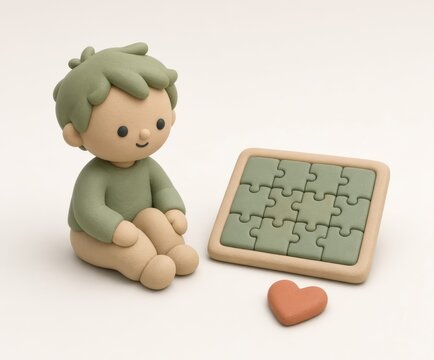 Cute clay boy sitting beside a completed puzzle with a separate heart piece that does not belong, concept of feeling different, exclusion and belonging