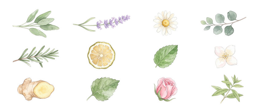 Watercolor botanical herbs set illustration featuring lavender, chamomile, rosemary, eucalyptus, sage, ginger, lemon, rose, jasmine and mint isolated on dark background for wellness and organic design