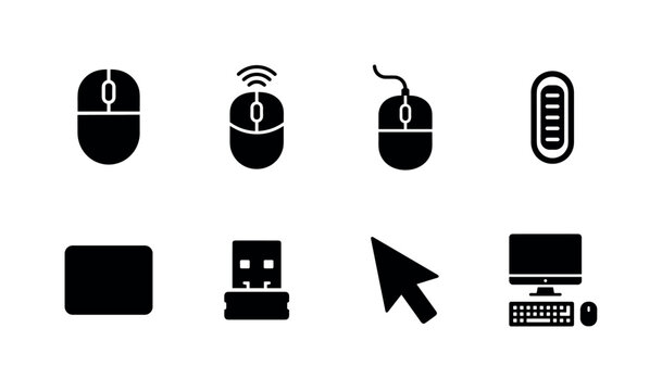 Computer Mouse Devices, solid glyph icon set featuring computer mouse, wireless mouse, wired mouse, scroll wheel, mouse pad, USB receiver, cursor pointer and desktop setup symbol, covering computer