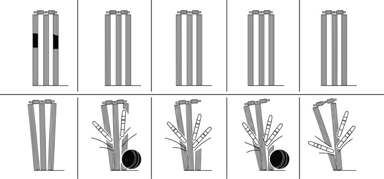 Cricket Stumps and Bails Set Featuring Bowling Action Sequence With Ball Hitting Wicket For Out Dismissal Vector Illustration For Sports Design