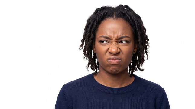 Young Black Woman Making a Disgusted Face Expressing Dislike and Disapproval Against White Background
