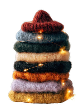 PNG Stacked colorful knitted sweaters with warm glowing fairy lights