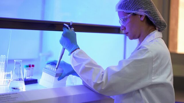Female lab technician in hairnet and goggles picks up a pipette and reaches for a test tube rack against a bright blue window in a research laboratory