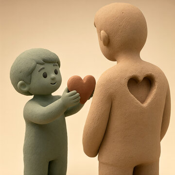 Clay child giving a heart to a figure with a heart shaped hole in their back, concept of giving love, emotional healing and filling the void