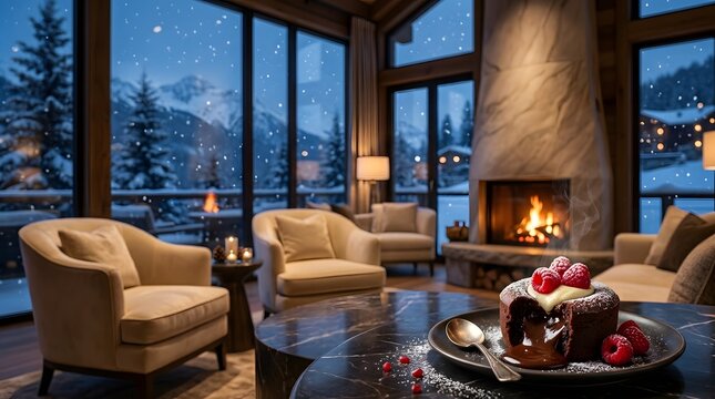 A cozy living room with a fireplace and a molten chocolate cake on a table