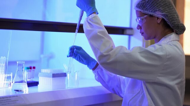 Scientist raises a pipette high, then lowers it toward a conical flask and reagent tube rack in a blue-lit laboratory, side profile