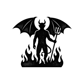 Vintage devil silhouette with pitchfork and wings, retro satanic demon in hell fire, black grit texture satan illustration vector