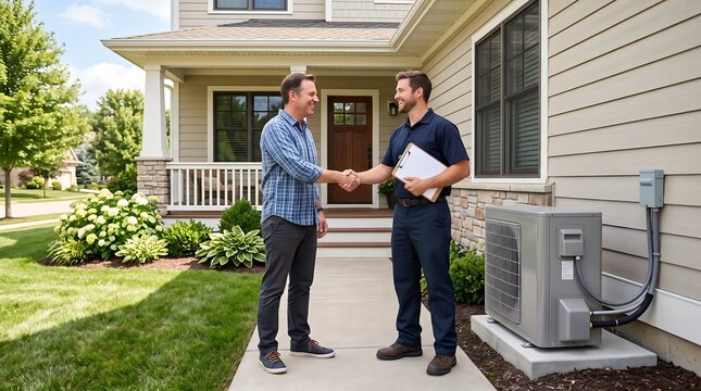 A homeowner shakes hands with an HVAC technician outside their home next to an AC unit.
