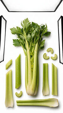 Fresh green celery stalks and chopped pieces arranged on a white background.