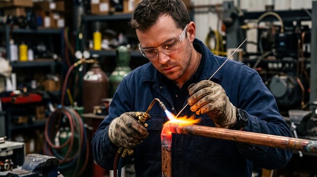 A determined welder in safety gear intensely brazes a copper pipe in a workshop setting.