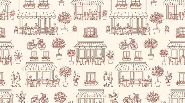 A charming, hand-drawn pattern of Parisian street cafes with people, bicycles, and trees.