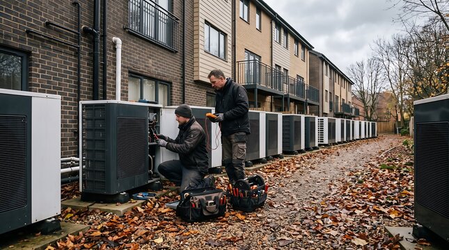 Two HVAC technicians work on a row of outdoor air conditioning units in front of apartment buildings.