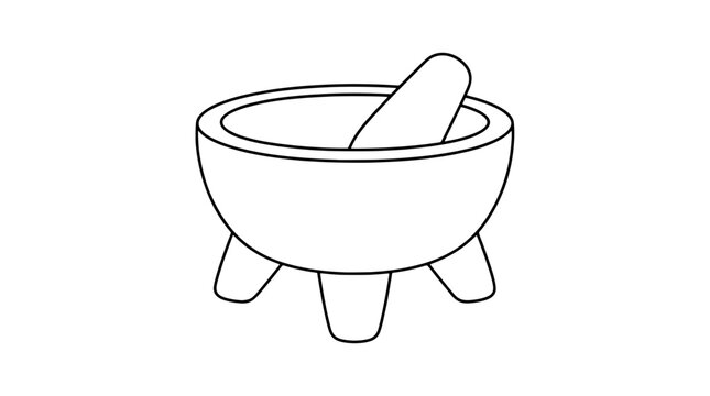 Black outline vector icon of a three-legged stone mortar bowl holding pestle resting inside against the rim drawn in medium lines in three-quarter view emphasizing rounded form and grinding function