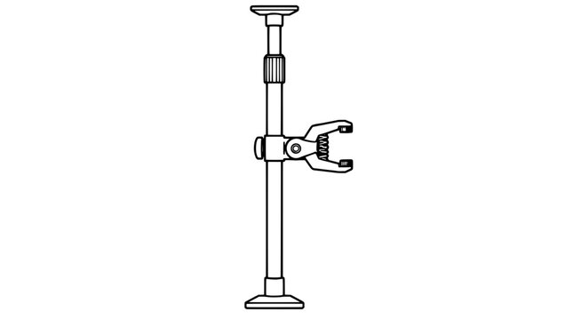 Black outline vector icon of a vertical telescopic pole with round plates at both ends and side clamp with toothed jaws drawn with thin lines in upright composition highlighting mounting use