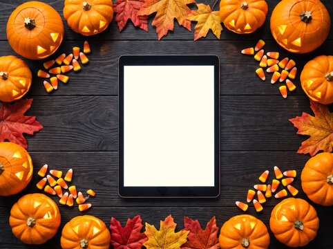 A tablet with a blank screen surrounded by Halloween pumpkins, candy corn, and autumn leaves on a dark wooden background.