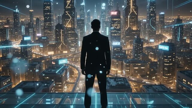 Businessman looking at futuristic digital city skyline at night