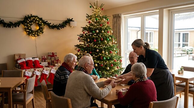 Caregiver serving lunch to senior residents in a decorated dining room during the christmas holiday season