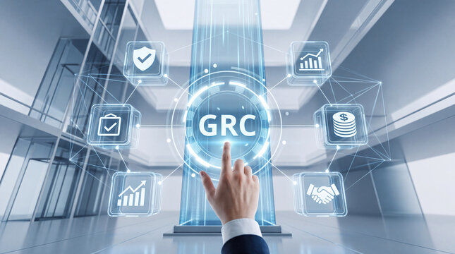 Businessman Pointing at GRC Governance Risk and Compliance Concept Hologram on Virtual Screen for Corporate Management and Regulatory Standards in Modern High Tech Office Background