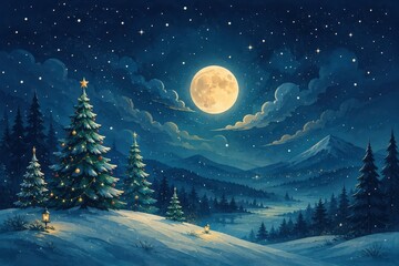 Fototapeta premium Magical snowy Christmas forest beneath a glowing full moon